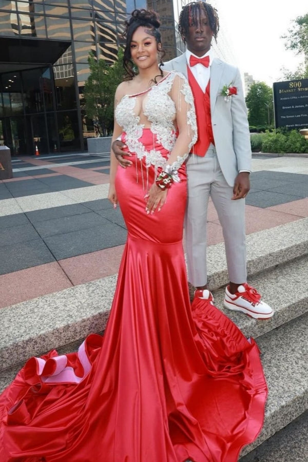 Trendy Red One Shoulder Beadings Mermaid Prom Dresses