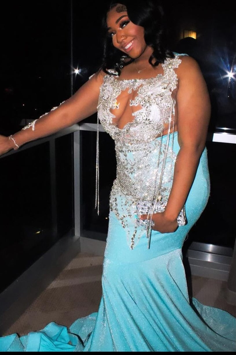 Intellectuality Light Blue Square Beadings Mermaid Prom Dresses