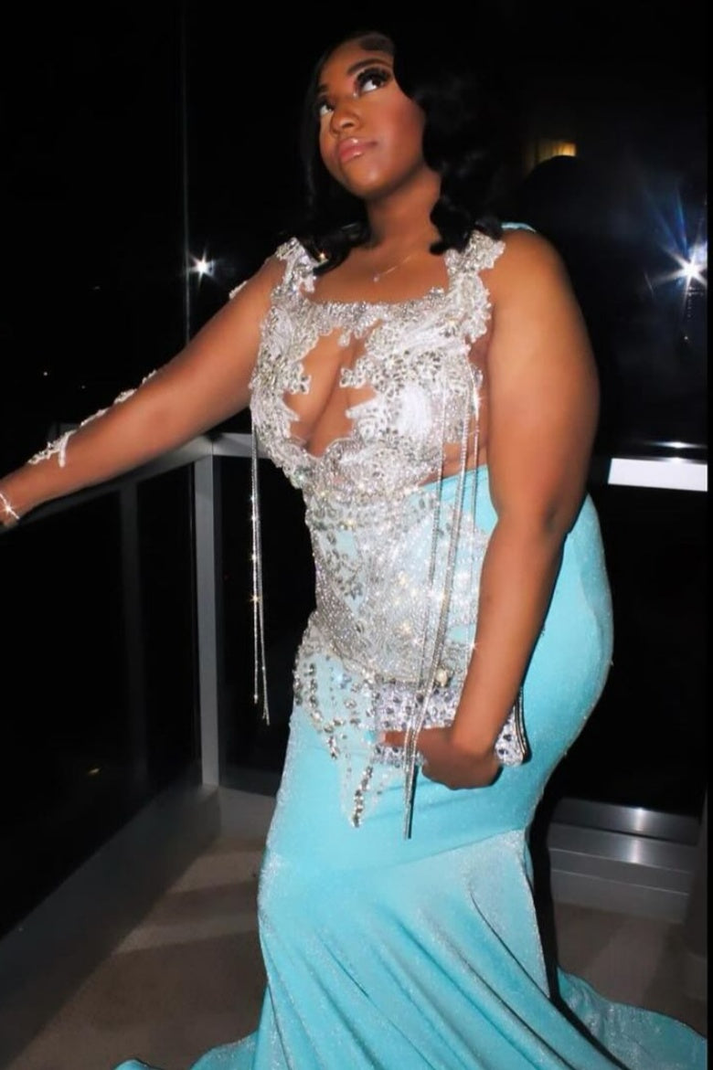 Intellectuality Light Blue Square Beadings Mermaid Prom Dresses