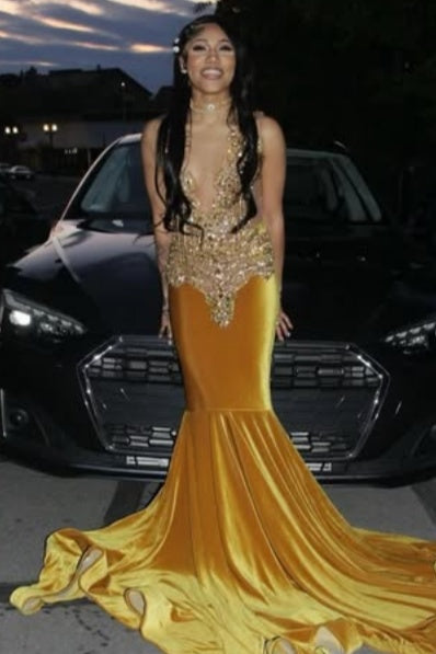 Exquisite Gold Deep V-Neck Beadings Mermaid Prom Dresses