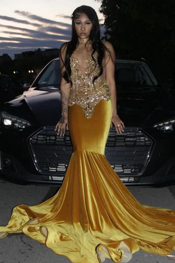 Exquisite Gold Deep V-Neck Beadings Mermaid Prom Dresses