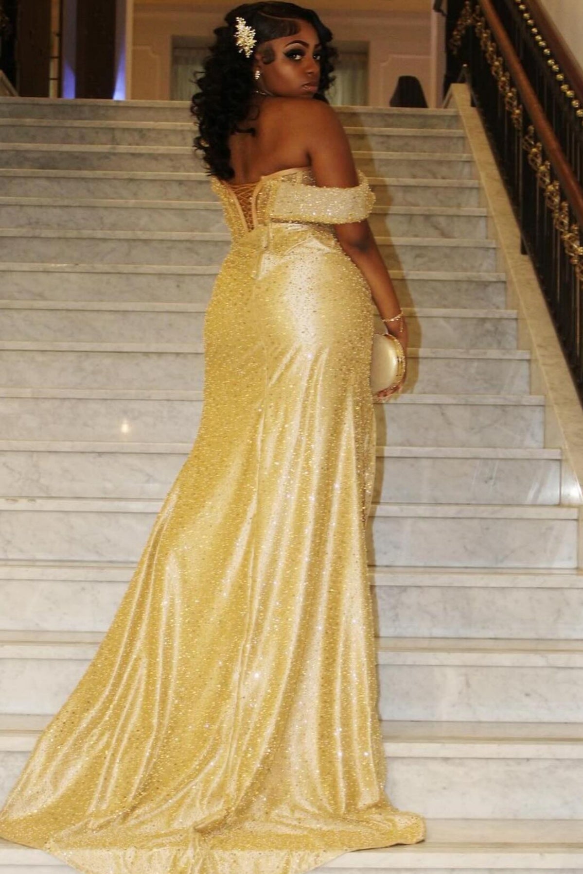 Wonderful Champagne Deep V-Neck Side Slit Sequins Sheath Prom Dresses