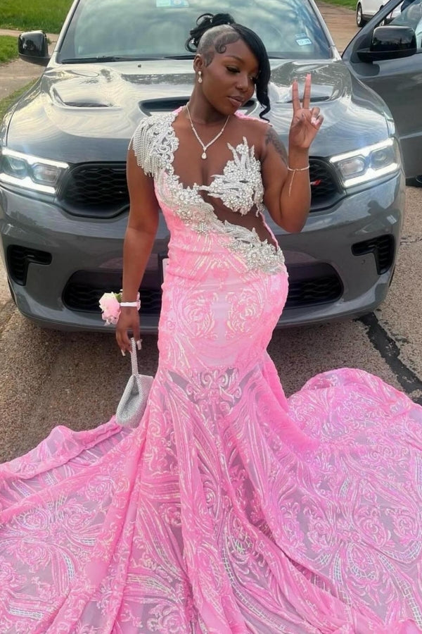 Elegant Pink V-Neck Sequins Beadings Mermaid Prom Dresses