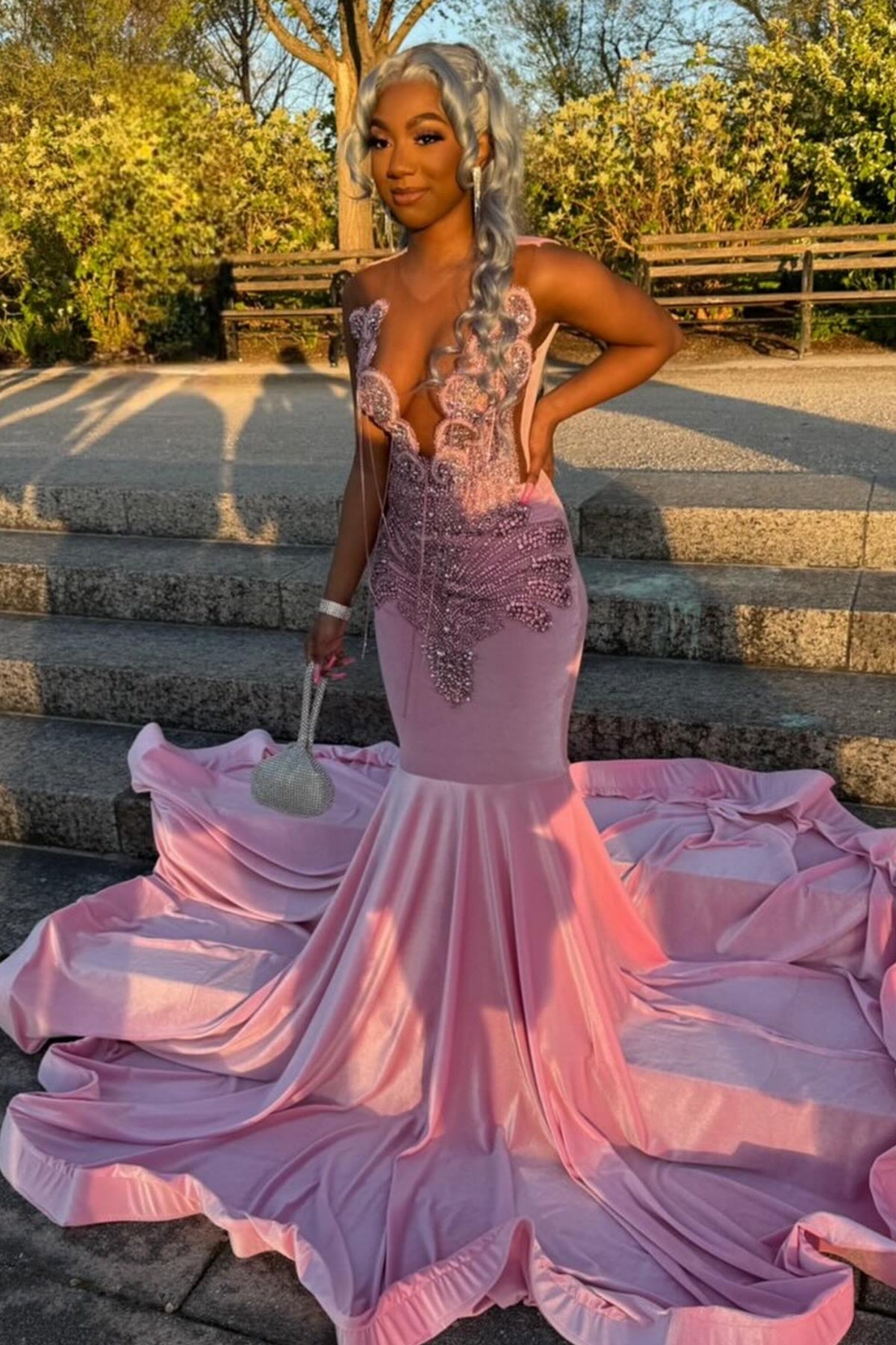 Generous Pink Deep V-Neck Beadings Velvet Mermaid Prom Dresses