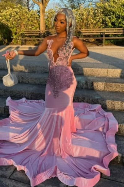 Generous Pink Deep V-Neck Beadings Velvet Mermaid Prom Dresses
