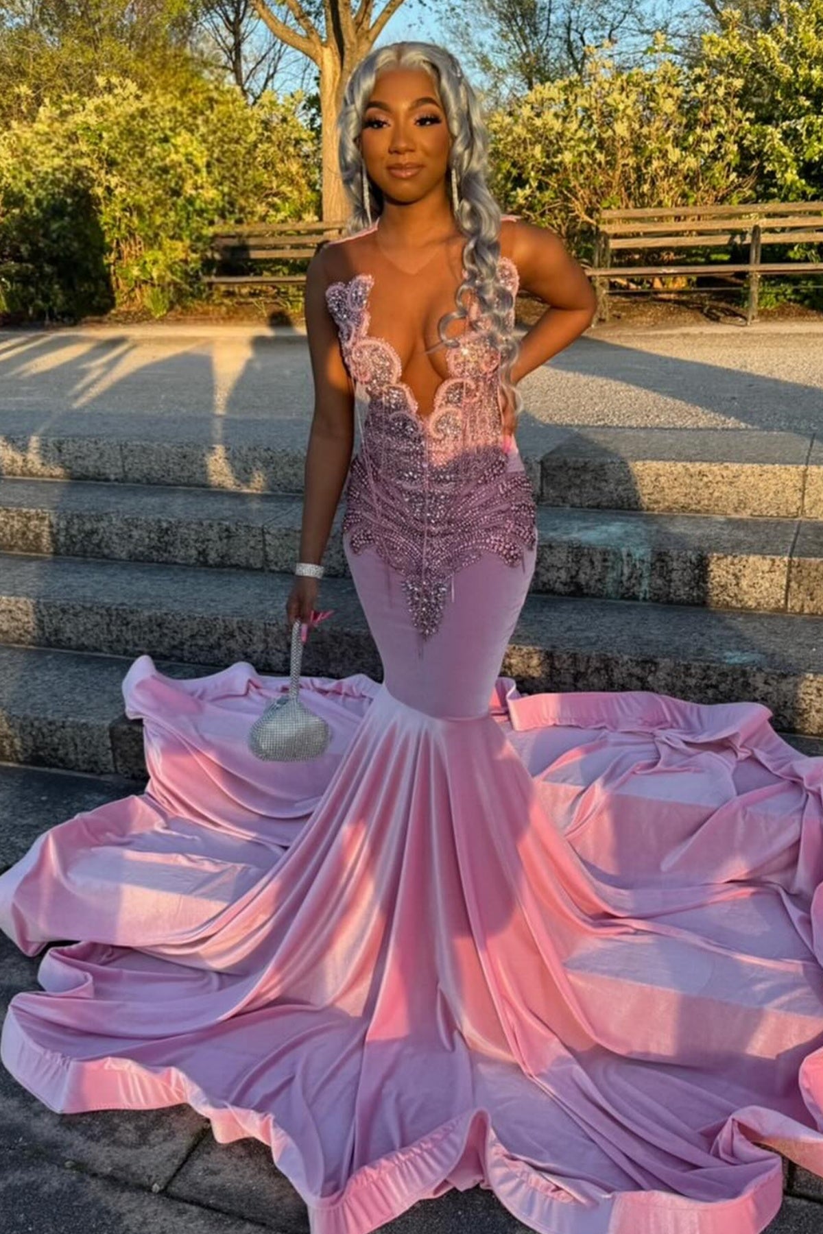 Generous Pink Deep V-Neck Beadings Velvet Mermaid Prom Dresses