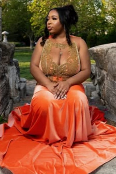 Sexy Orange Velvet Deep V-Neck Beadings Mermaid Prom Dresses