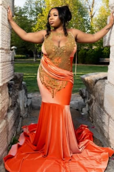 Sexy Orange Velvet Deep V-Neck Beadings Mermaid Prom Dresses