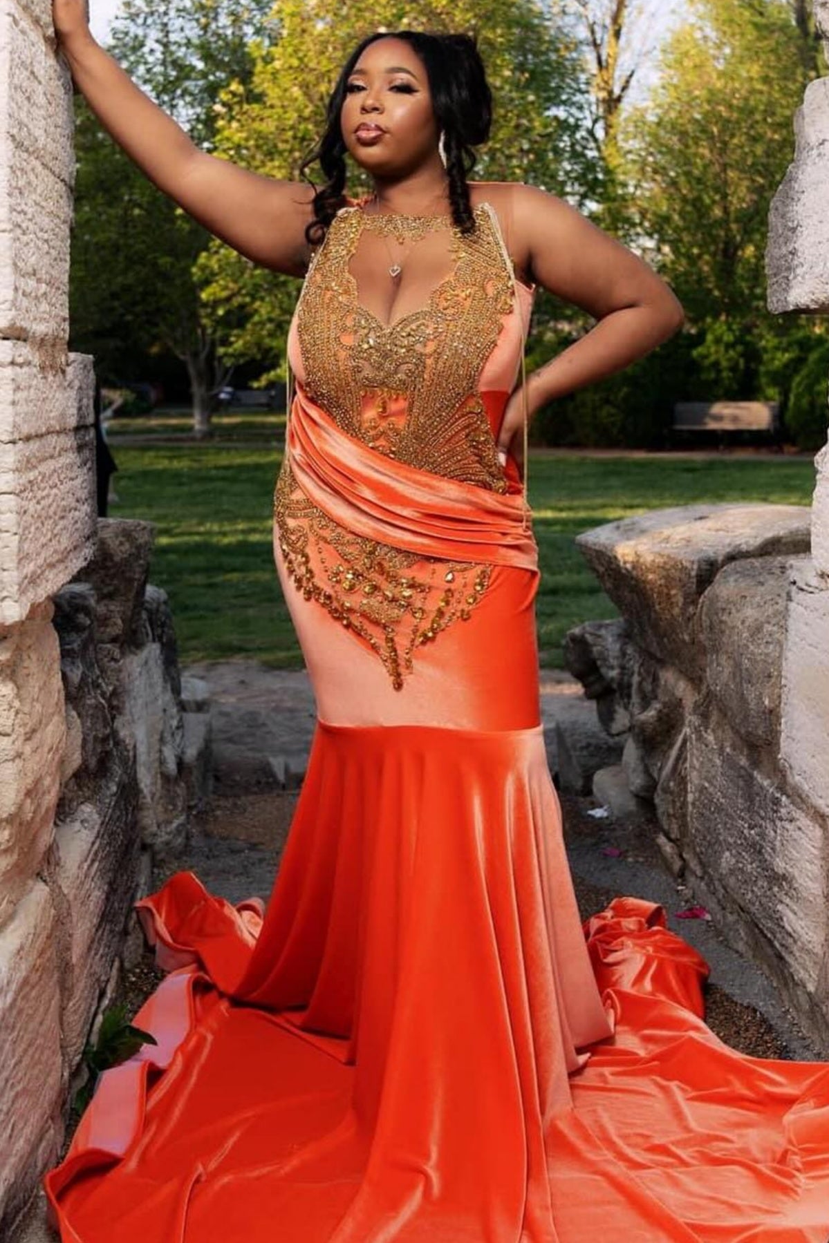 Sexy Orange Velvet Deep V-Neck Beadings Mermaid Prom Dresses