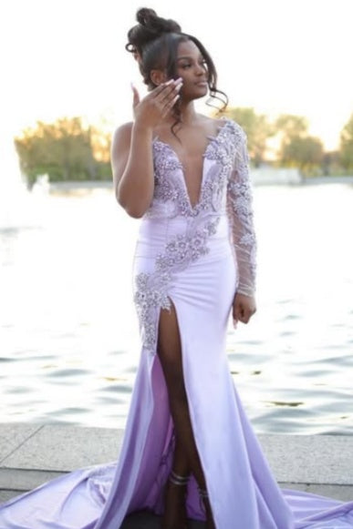 Charming Light Purple V-Neck Side Slit Beadings Mermaid Prom Dresses