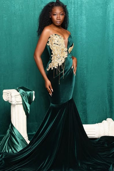 Serious Dark Green Serious Velvet Beadings Mermaid Prom Dresses