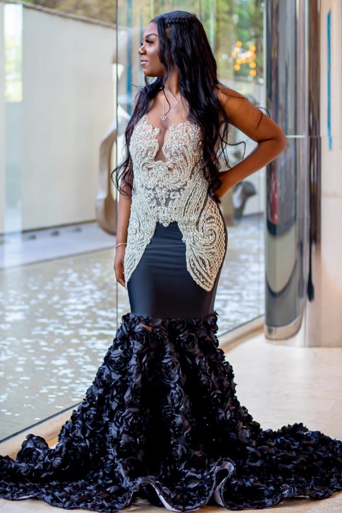 Exquisite Black Beadings Petal-shaped Layered Folds Mermaid Prom Dresses
