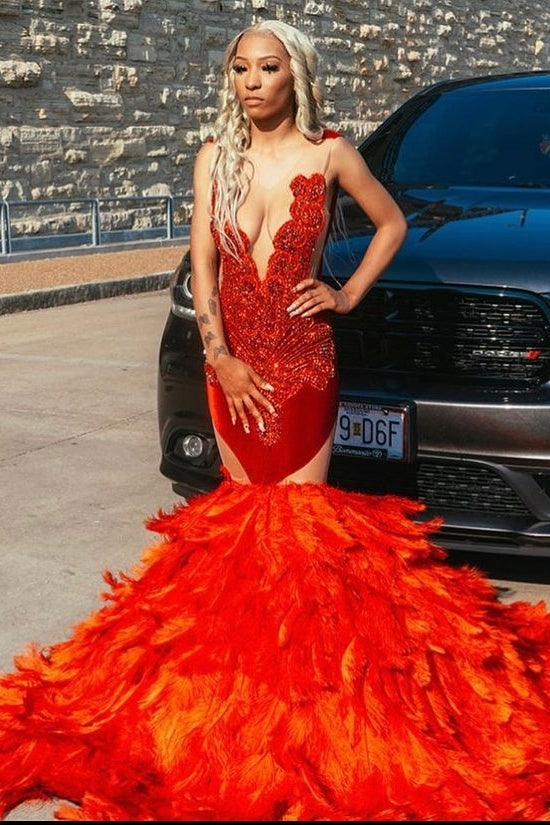 Wonderful Red Deep V-Neck Beadings Mermaid Prom Dresses With Feathers