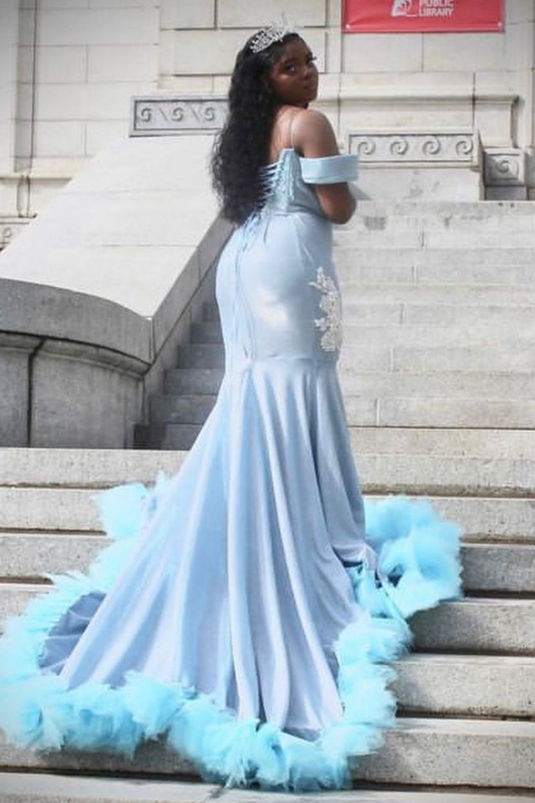 Generous Sky Blue Beadings Ruffles Mermaid Prom Dresses