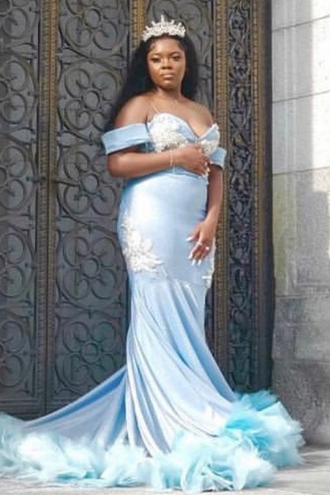 Generous Sky Blue Beadings Ruffles Mermaid Prom Dresses