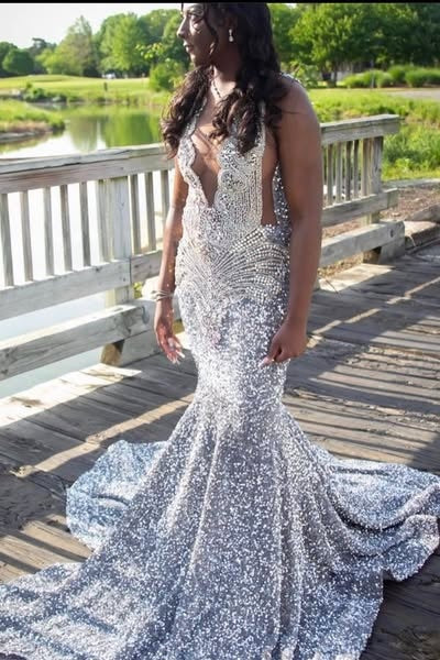 Glamorous Silver Sequins Beadings Mermaid Prom Dresses