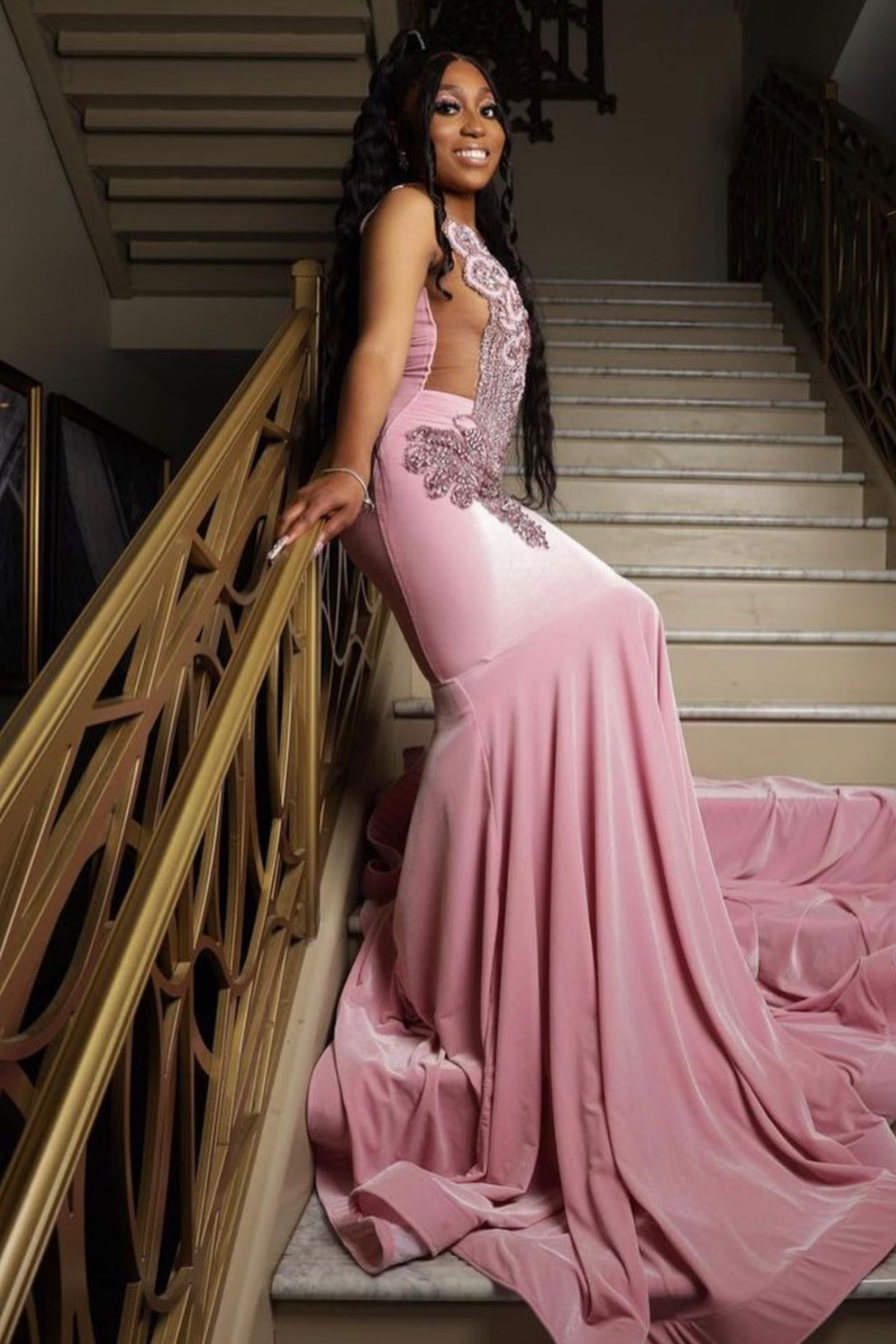 Gentle Pink Velvet Beadings Mermaid Prom Dresses