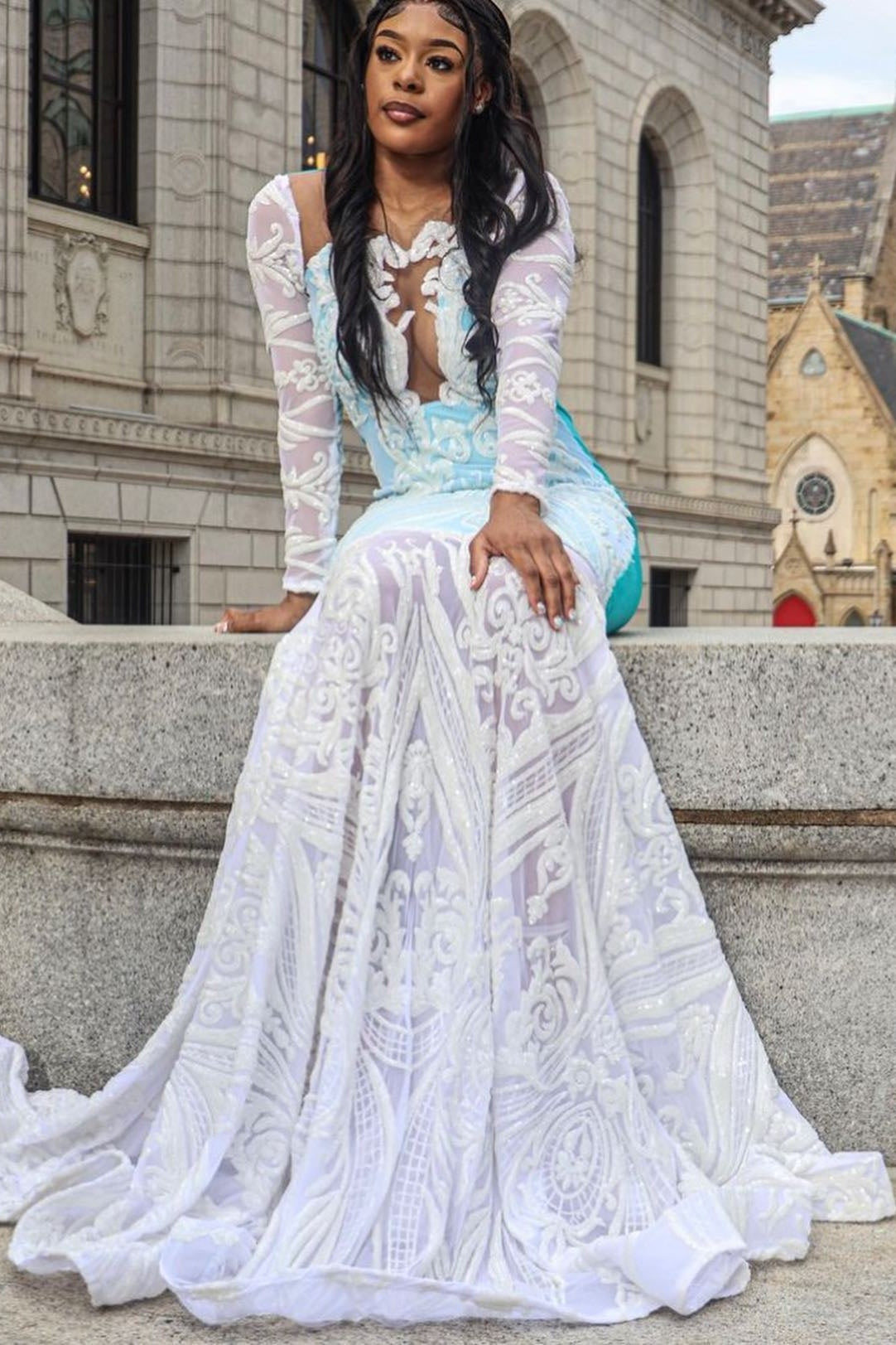 Nectarean White Tulle Appliques Mermaid Prom Dresses