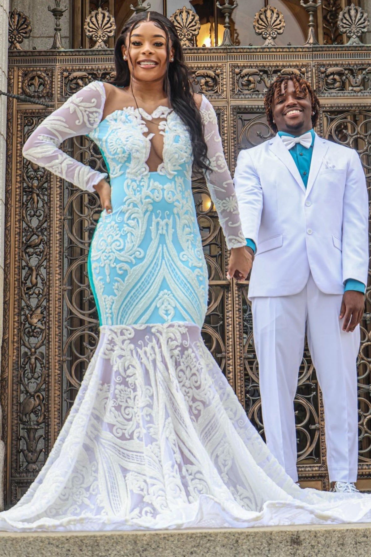 Nectarean White Tulle Appliques Mermaid Prom Dresses