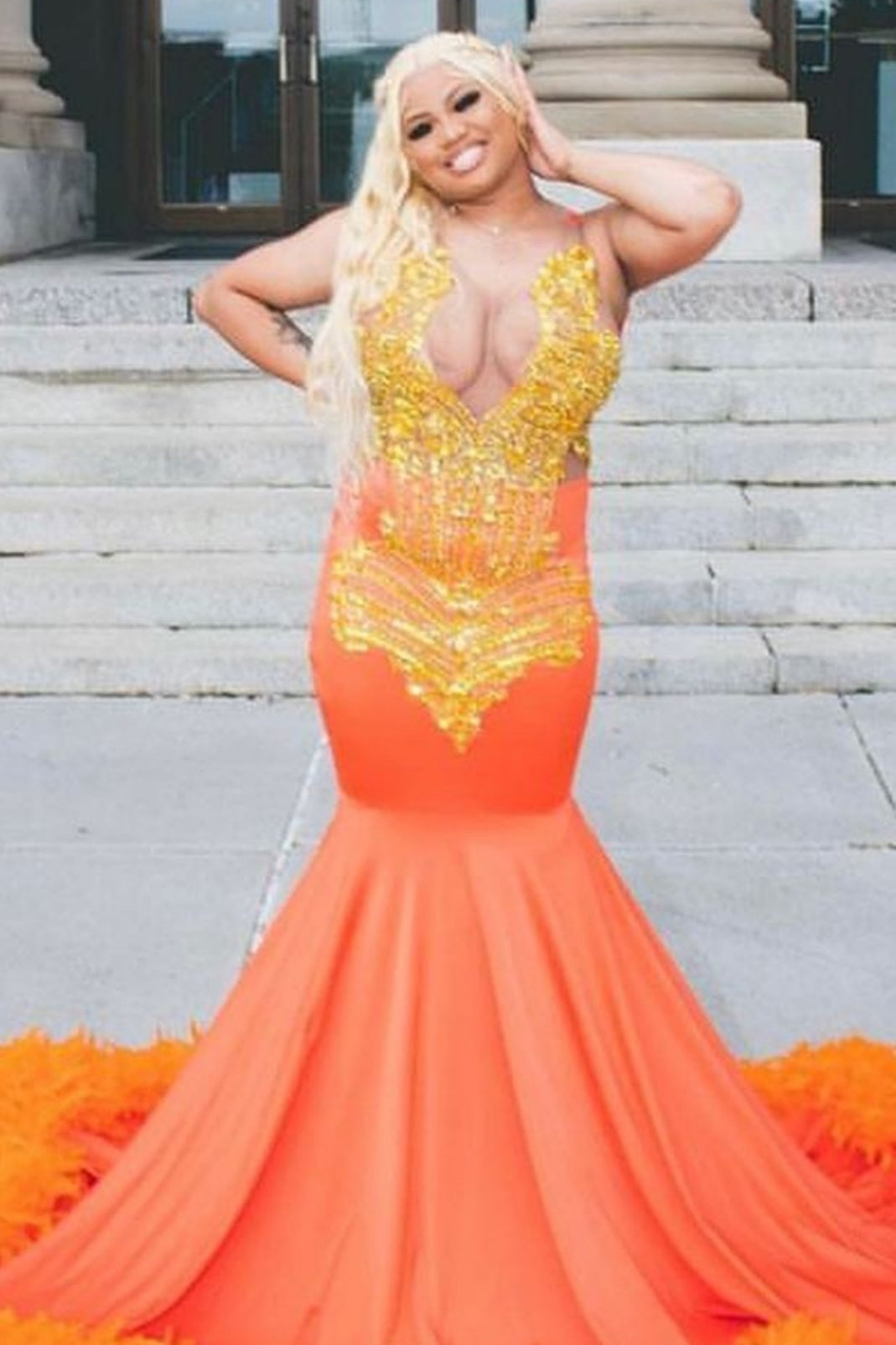 Sexy Orange Beadings Mermaid Prom Dresses With Feathers