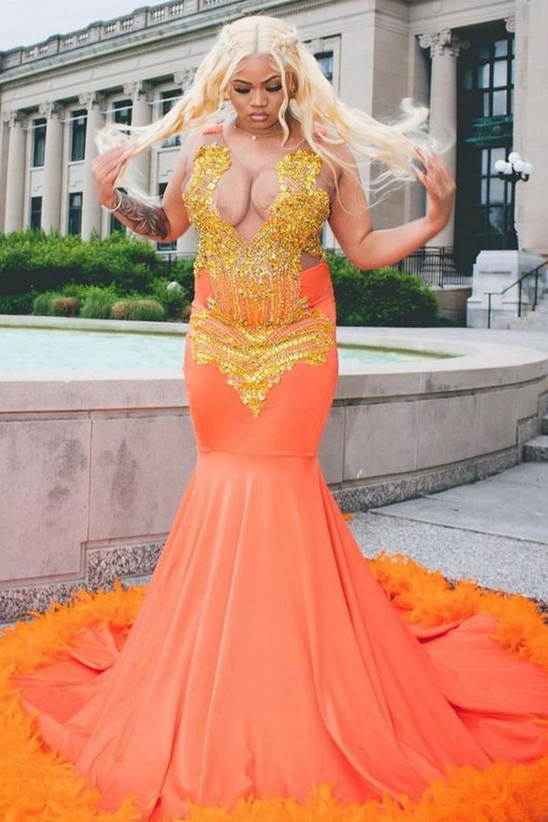 Sexy Orange Beadings Mermaid Prom Dresses With Feathers