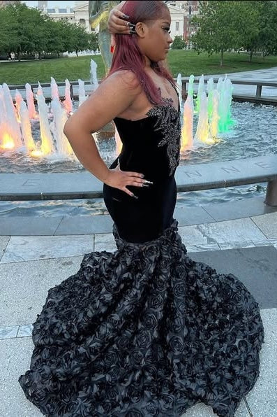 Beautiful Black Rose Beadings Mermaid Prom Dresses