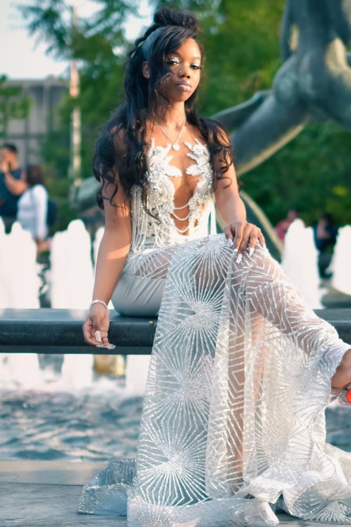 Elegant Silver White Sequins Beadings Mermaid Prom Dresses