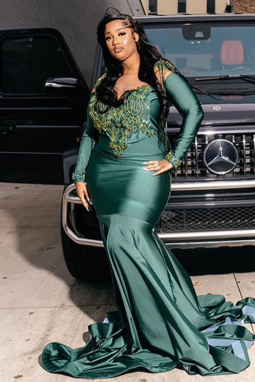 Popular Dark Green Beadings Mermaid Prom Dresses