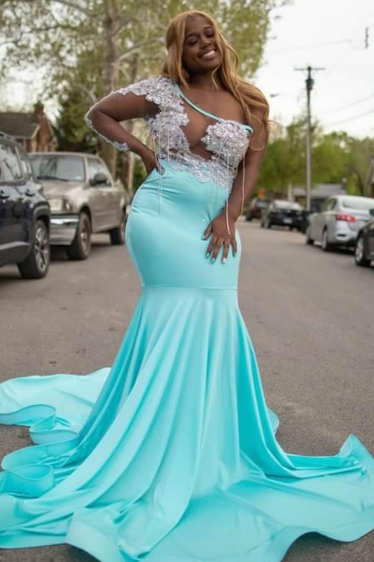 Sexy One Shoulder Blue Beadings Mermaid Prom Dresses