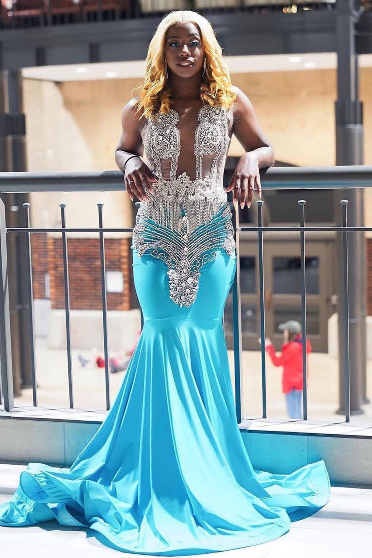 Nectarean Blue V-Neck Beadings Mermaid Prom Dresses