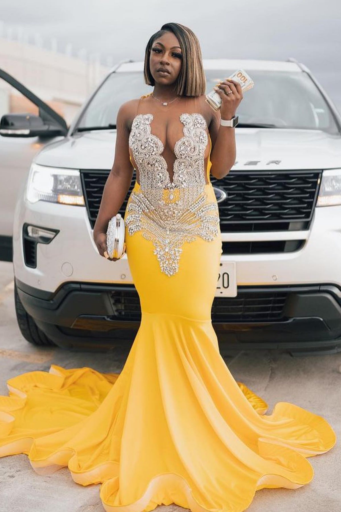 Glamorous Soft Yellow Velvet V-Neck Beadings Mermaid Prom Dresses