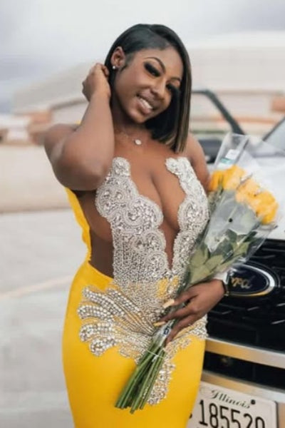 Glamorous Soft Yellow Velvet V-Neck Beadings Mermaid Prom Dresses