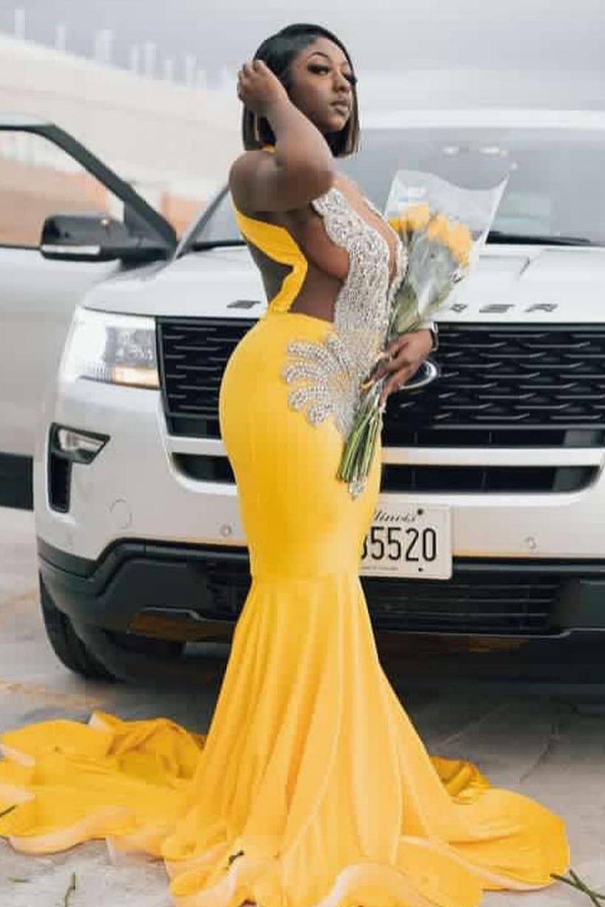 Glamorous Soft Yellow Velvet V-Neck Beadings Mermaid Prom Dresses
