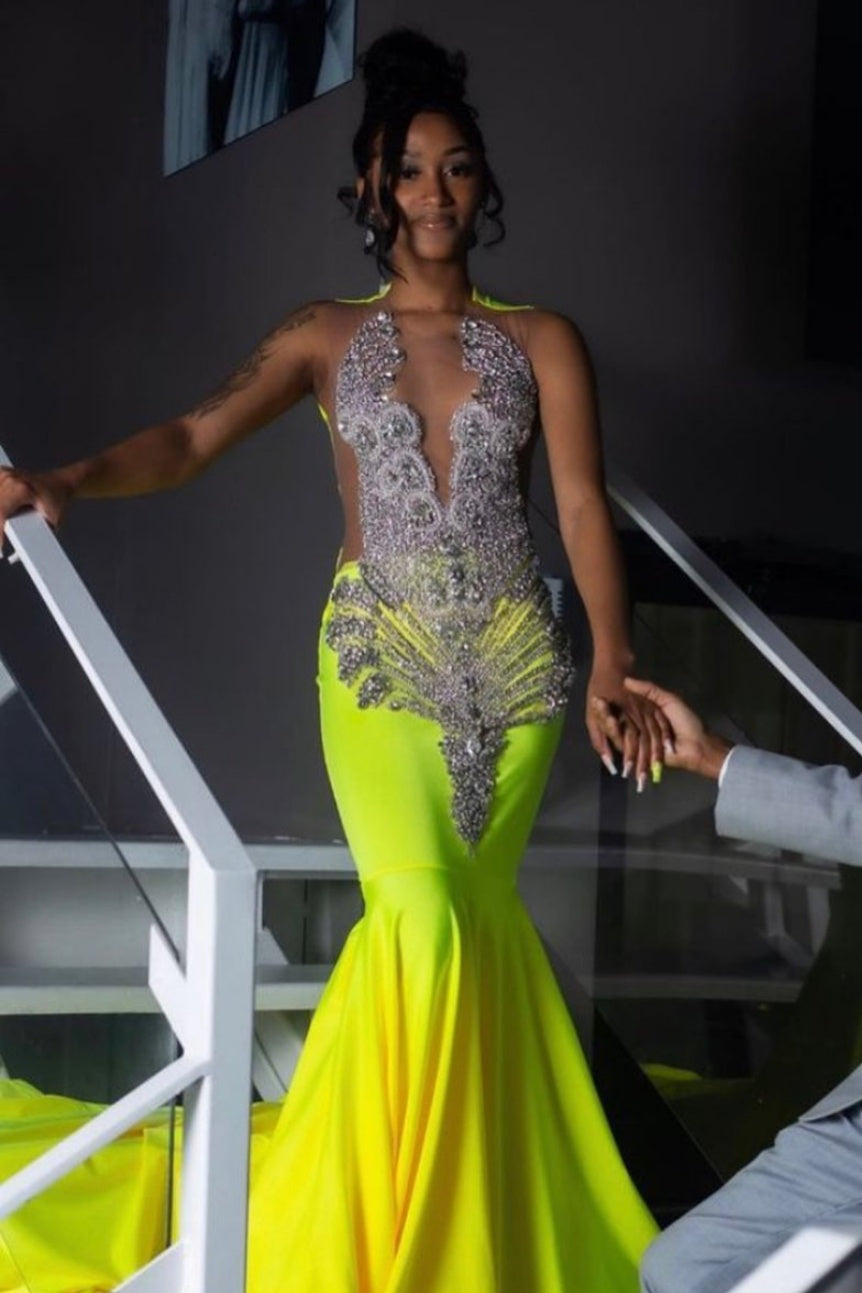 Modern Yellow V-Neck Beadings Mermaid Prom Dresses