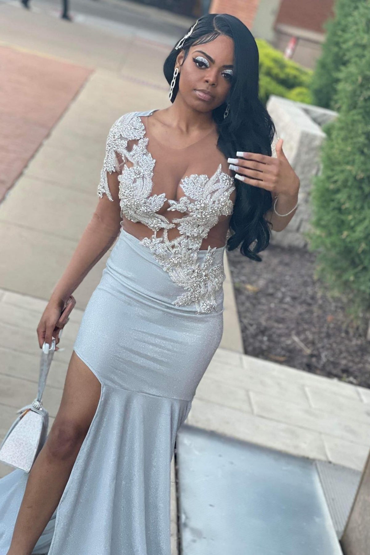 Charming Icy Blue Side Slit Beadings Mermaid Prom Dresses