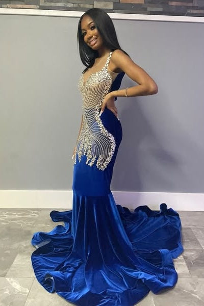 Gentle Royal Blue Velvet Beadings Mermaid Prom Dresses