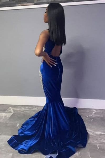 Gentle Royal Blue Velvet Beadings Mermaid Prom Dresses