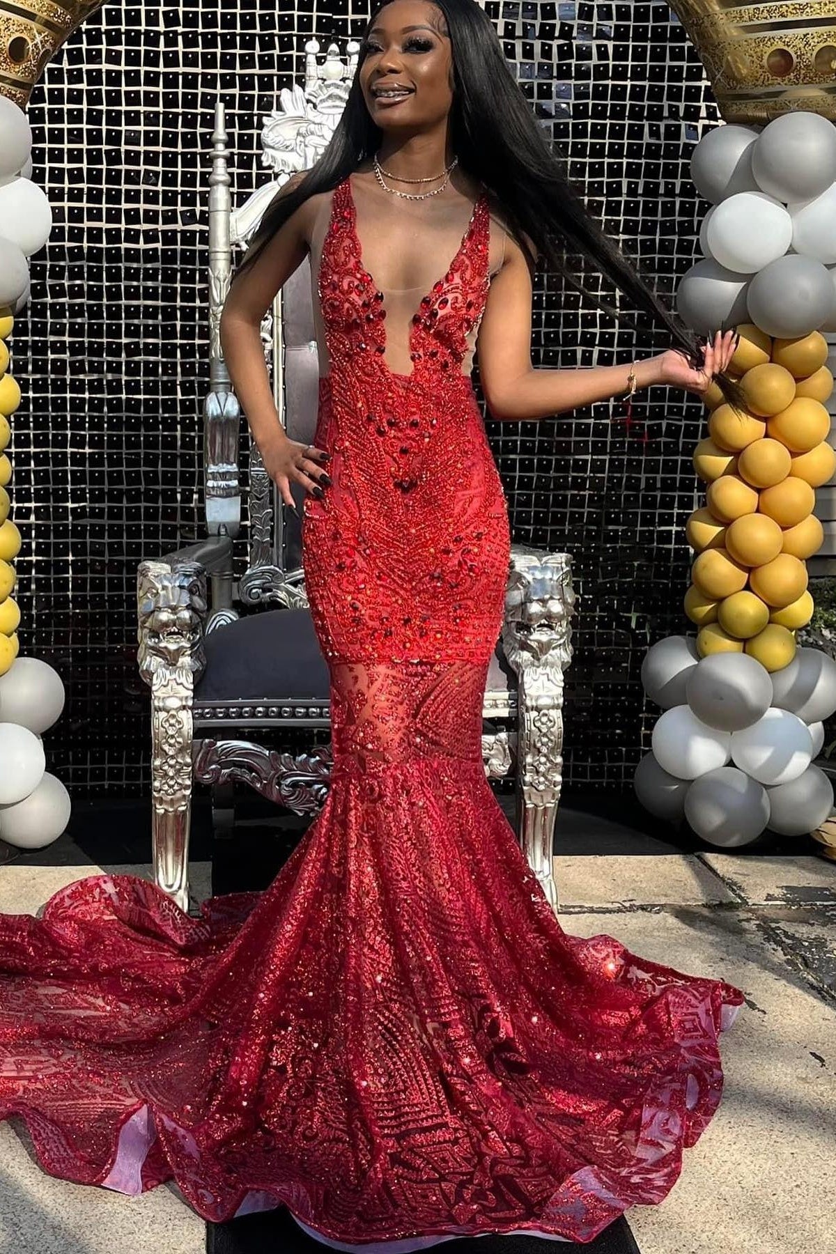 Glamorous Red Lace Beadings Mermaid Prom Dresses