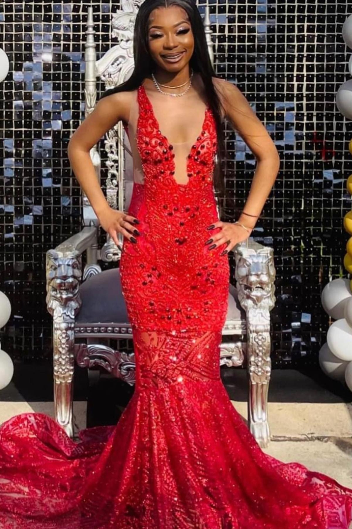Glamorous Red Lace Beadings Mermaid Prom Dresses