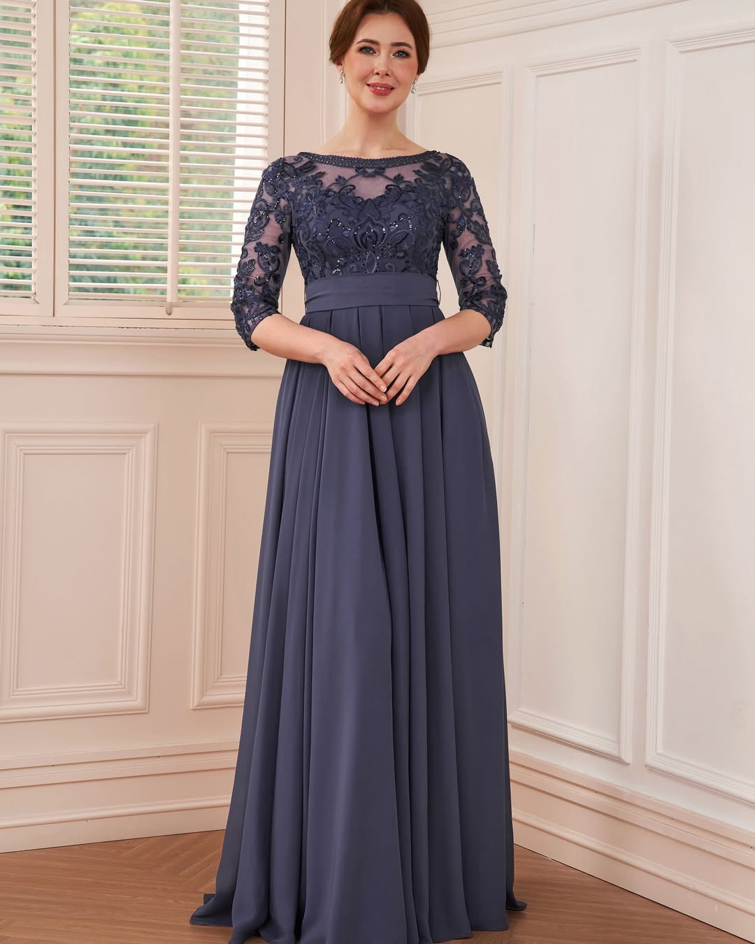 Gentle Dark Blue Chiffon Lace A-Line Appliques Mother Of The Bride Dresses