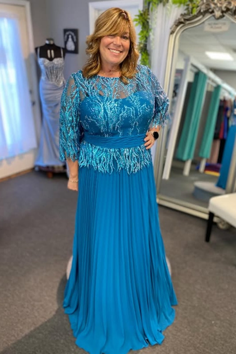 Fancy Blue Lace Appliques Sequins Mother Of The Bride Dresses