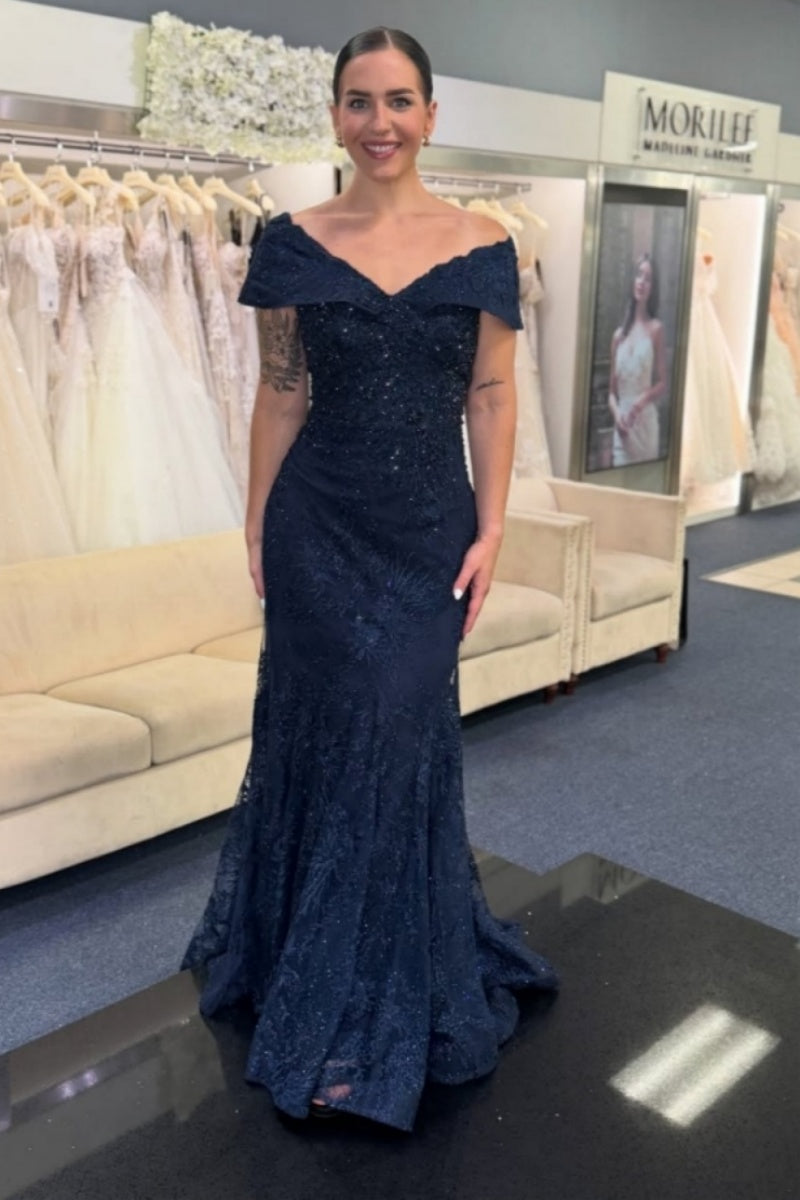 Dark Navy Lace Appliques Mother Of The Bride Dresses With Beadings