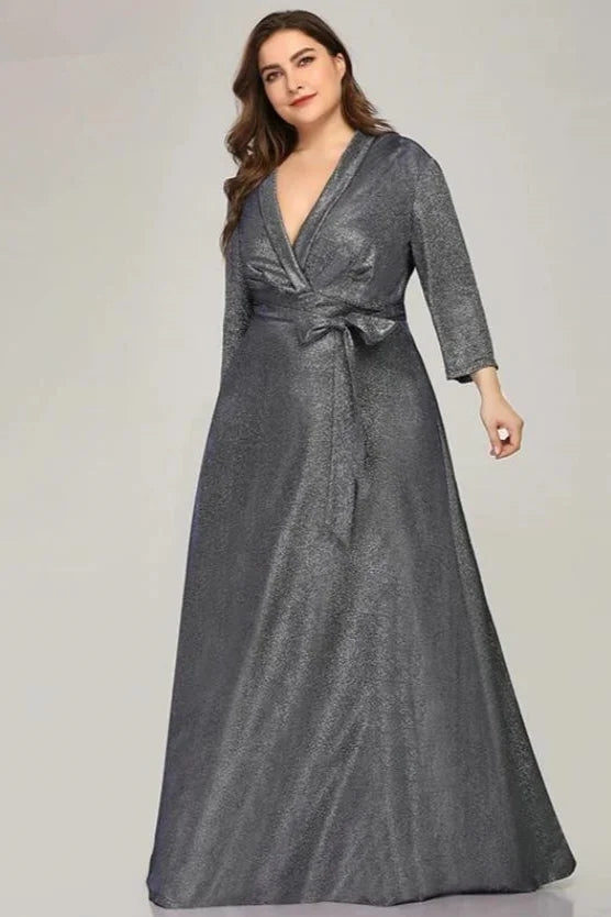 Gray V-Neck Long Sleeves Mother Of The Bride Dresses With Belt
