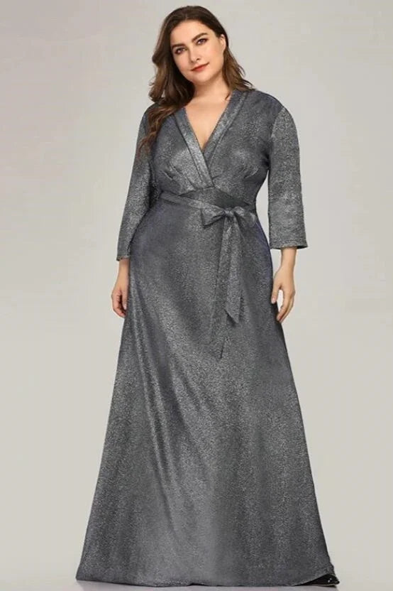Gray V-Neck Long Sleeves Mother Of The Bride Dresses With Belt