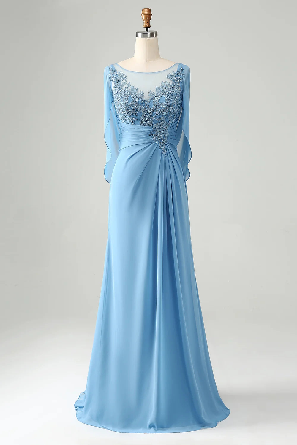 Elegant Light Blue Chiffon Appliques Mother Of The Bride Dresses With Beadings