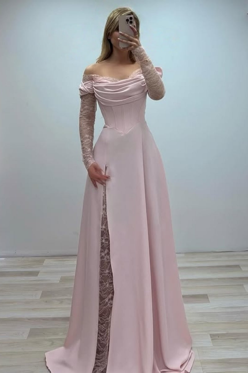 Elegant Pink Lace Long Sleeves Slit Evening Dresses