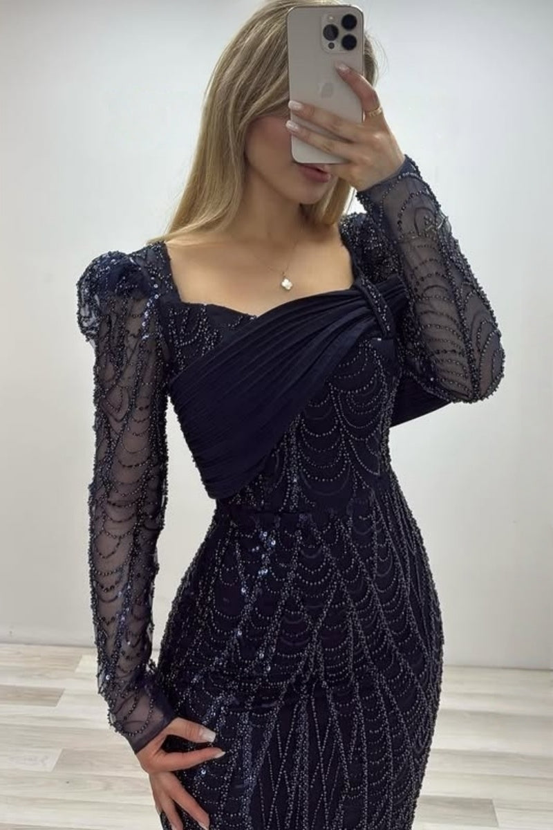 Decent Dark Navy Sequins Strapless Tulle Long Sleeves Evening Dresses