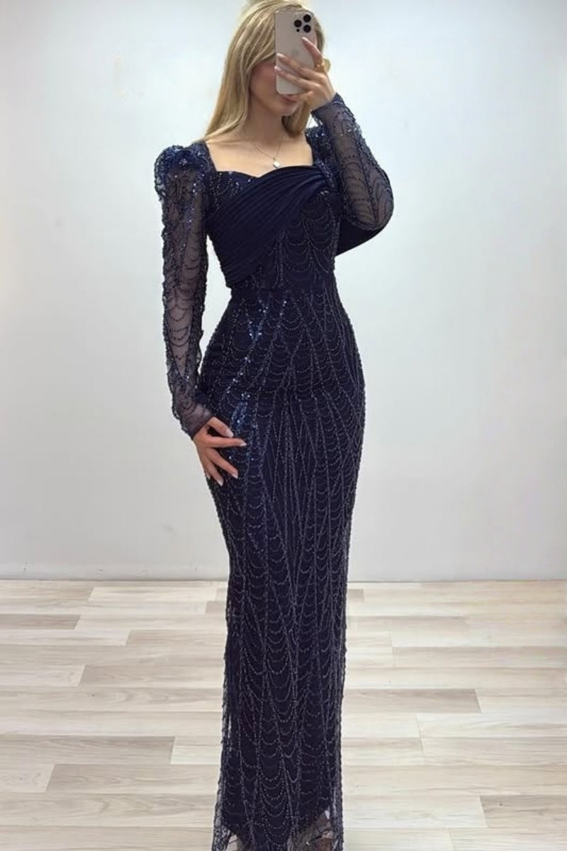 Decent Dark Navy Sequins Strapless Tulle Long Sleeves Evening Dresses