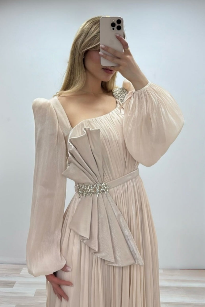 Modern Light Champagne Long Sleeves Evening Dresses
