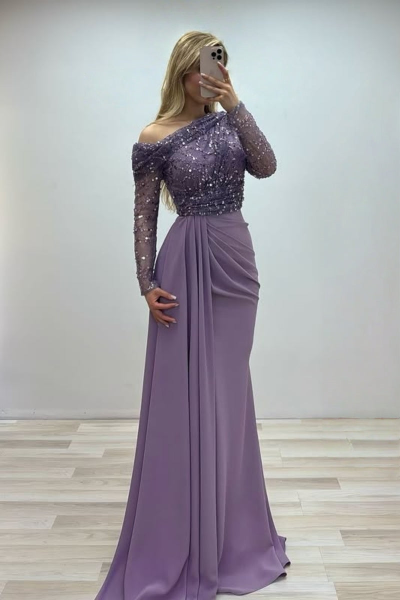 Beautiful Purple Long Sleeves Lace Sequins Evening Dresses